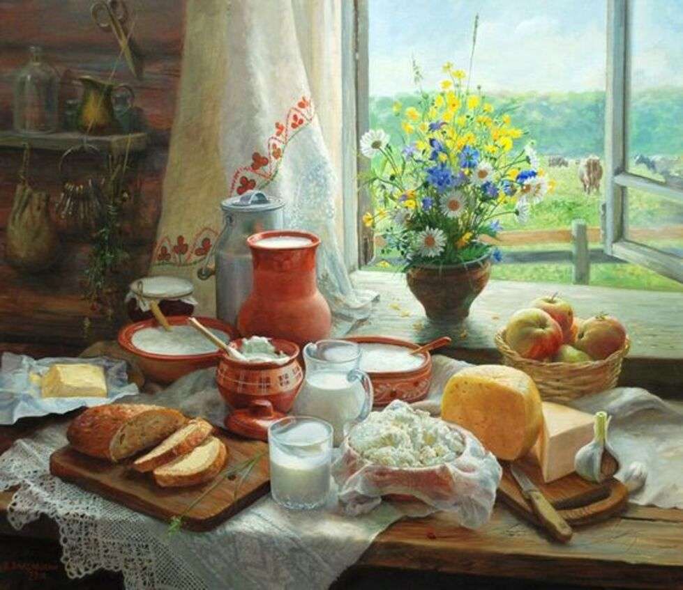 Chleb, owoce, ser, mleko, kwiaty ..... puzzle online