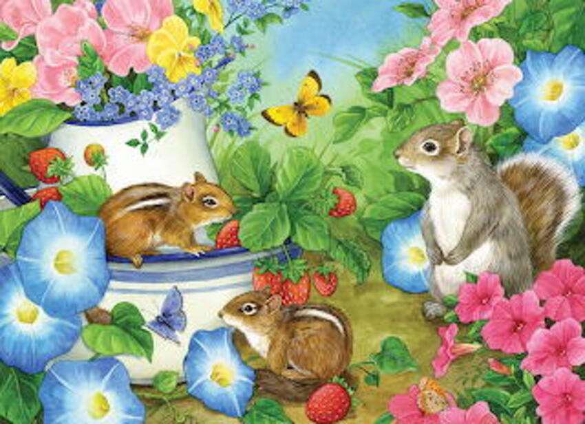 Małe wiewiórki wśród kwiatów puzzle online