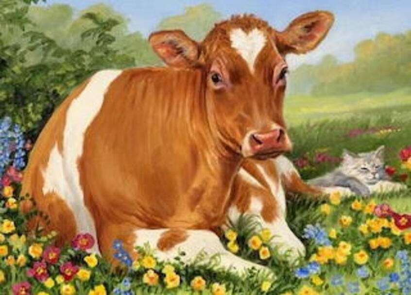 Krowa wśród kwiatów puzzle online