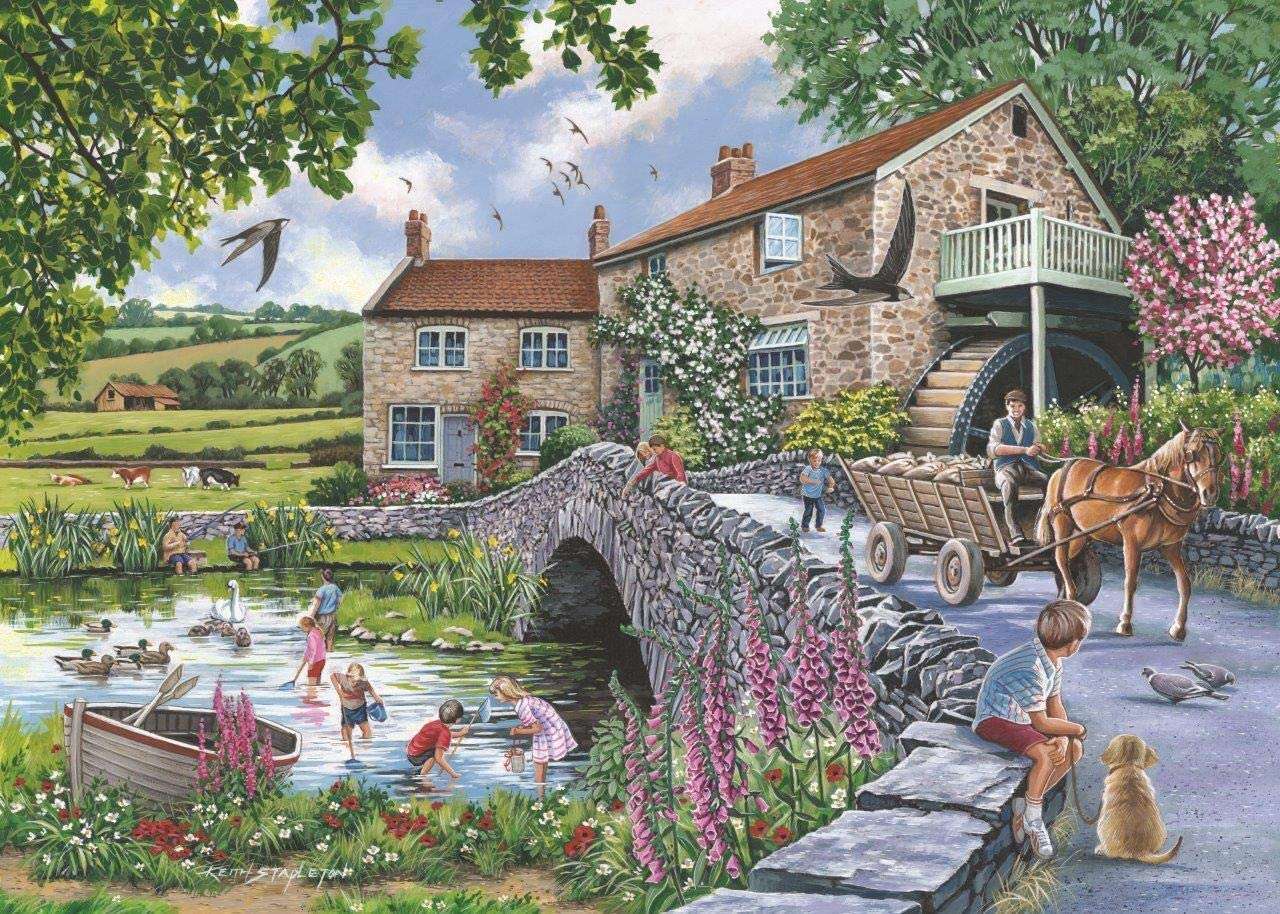Rzeka z mostkiem przy domu w dawnej Anglii puzzle online