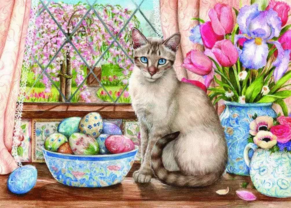Kot syjamski, niebieskie oczy, świecą w Wielkanoc puzzle online