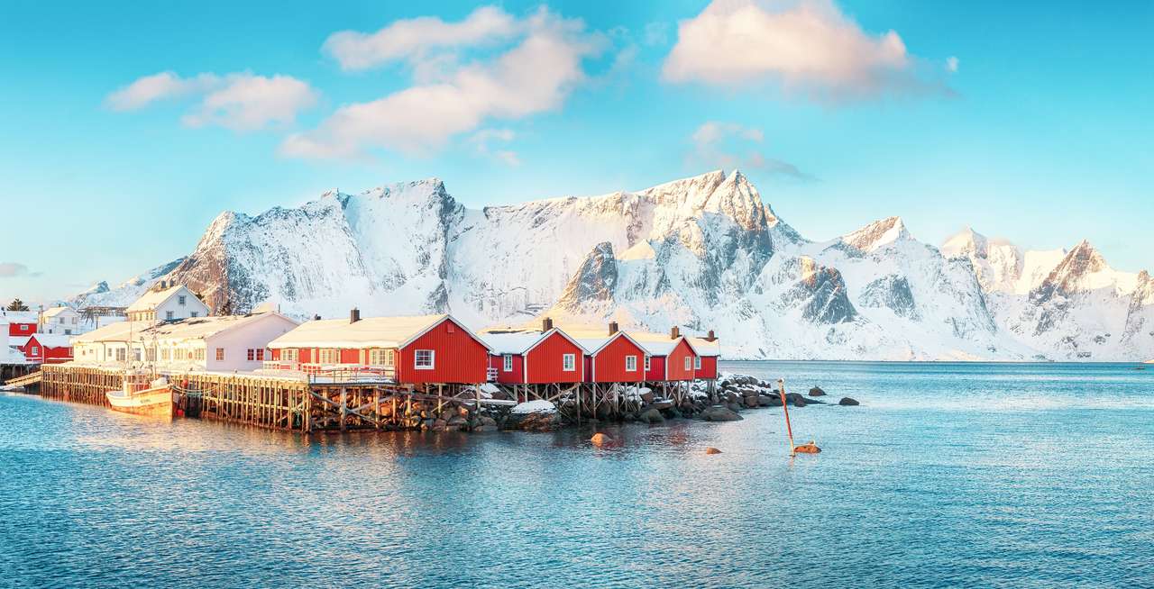 Maisons en bois rouges norvégiennes traditionnelles puzzle