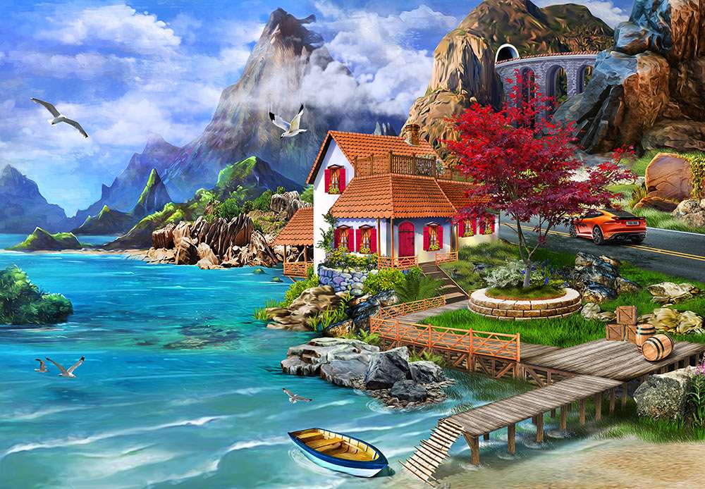 Dom na wybrzeżu w górach puzzle online