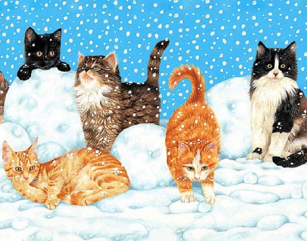 Zabawne kocięta na śniegu puzzle online
