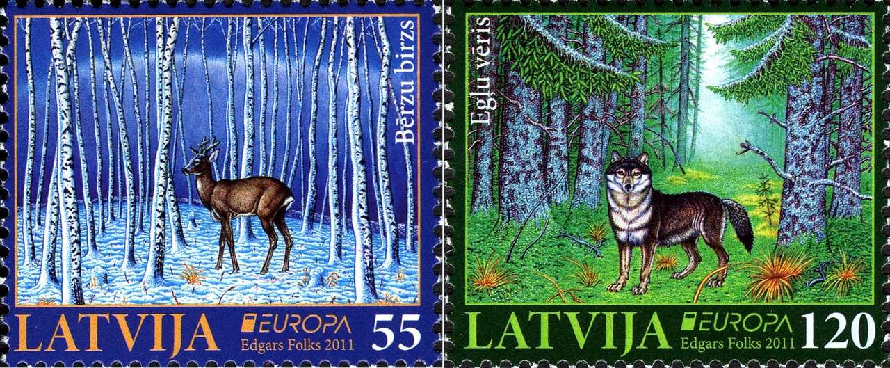 Wilk i jeleń w łotewskim lesie puzzle online