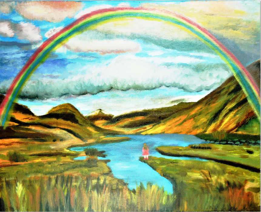 Rysunek akwarela tęcza dolina wśród gór, jezioro puzzle online