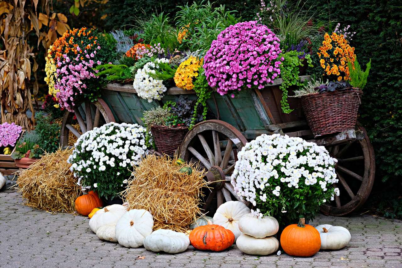 Jesienny wóz na siano z kwiatami i dyniami puzzle online