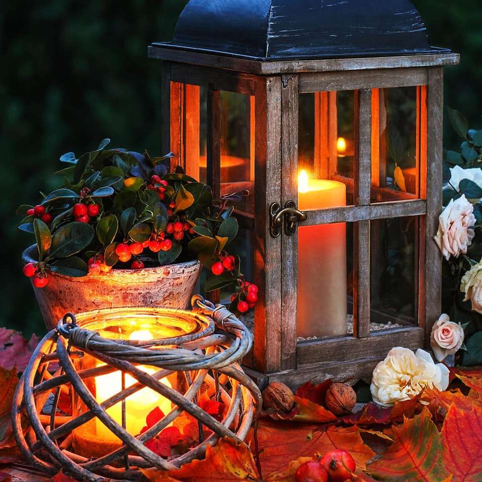Jesienna dekoracja ze światłami puzzle online