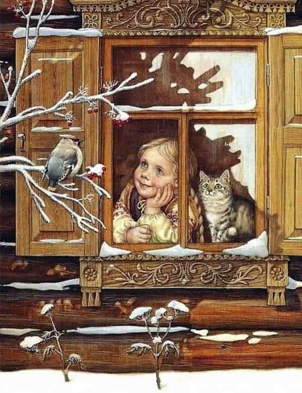 Dialog między dziewczyną, kotem i ptakiem puzzle online