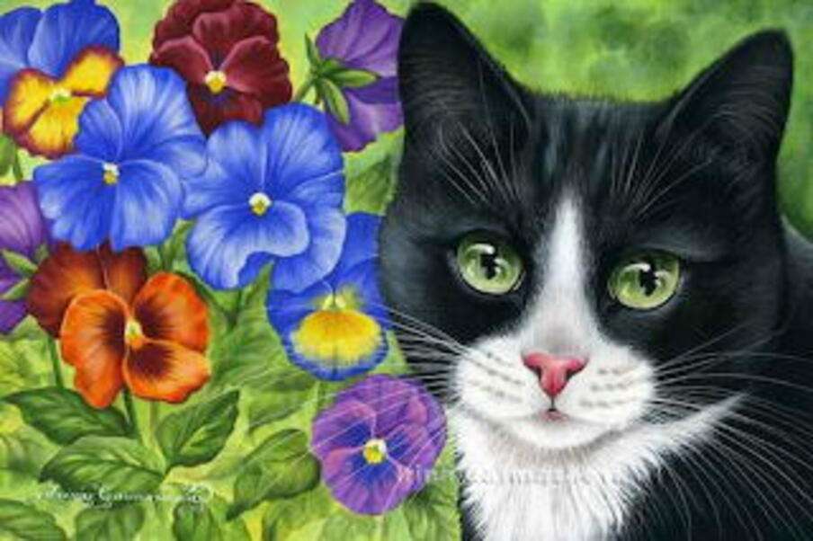Czarny kotek wśród kwiatów puzzle online