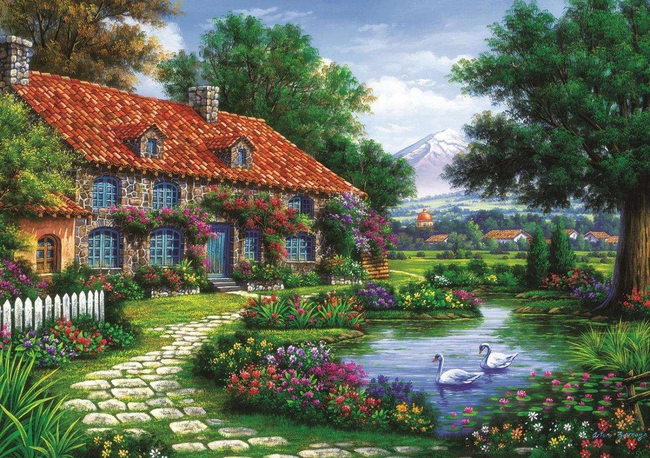 Dom nad rzeką pełen kwiatów puzzle online