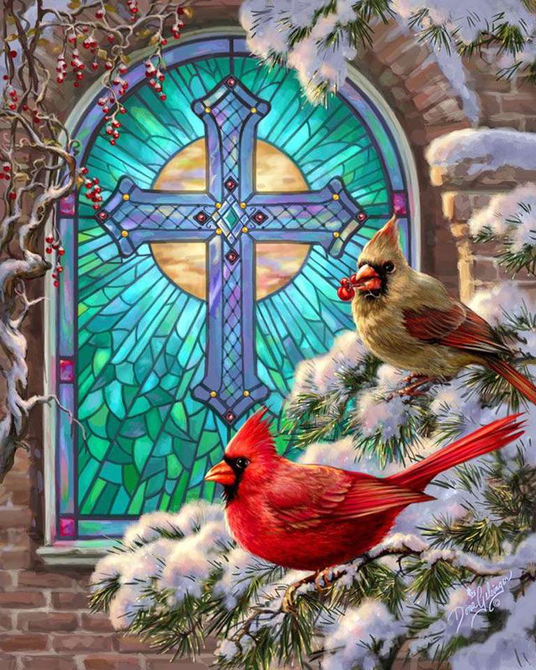 Krzyż chrześcijański i czerwony kardynał ptak puzzle online