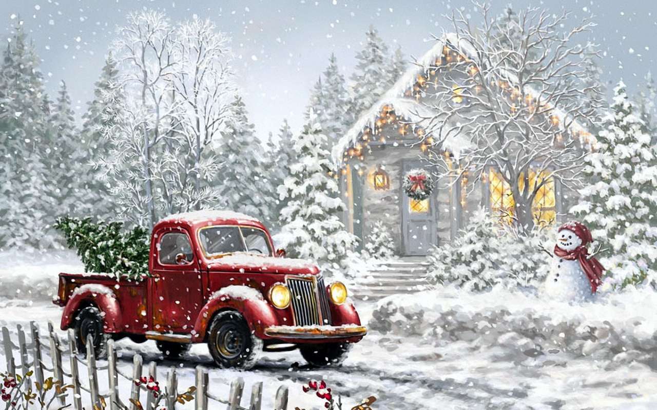 Świąteczna magia na śniegu: czerwony pick-up... puzzle online