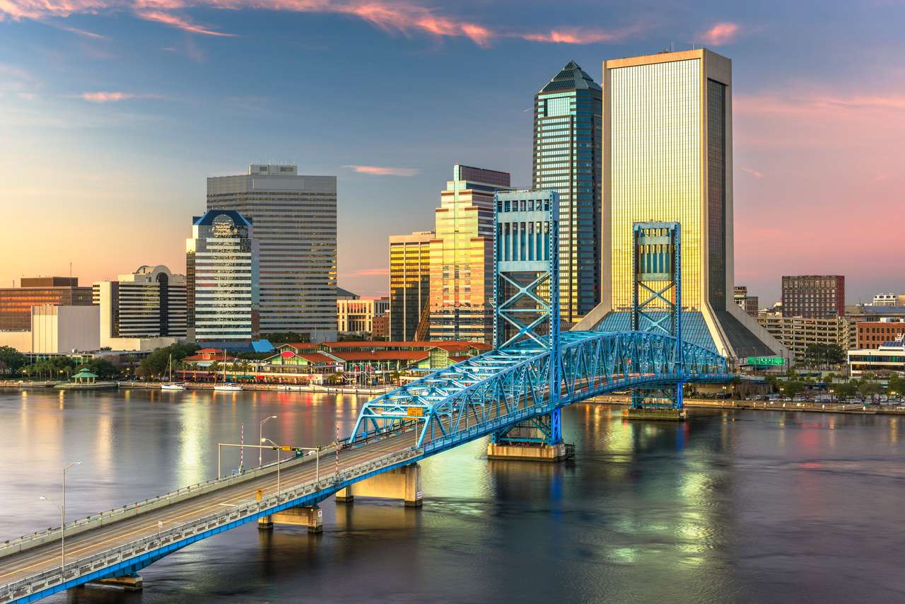 Jacksonville, Floryda, USA Śródmieście panoramę miasta o zmierzchu. puzzle online