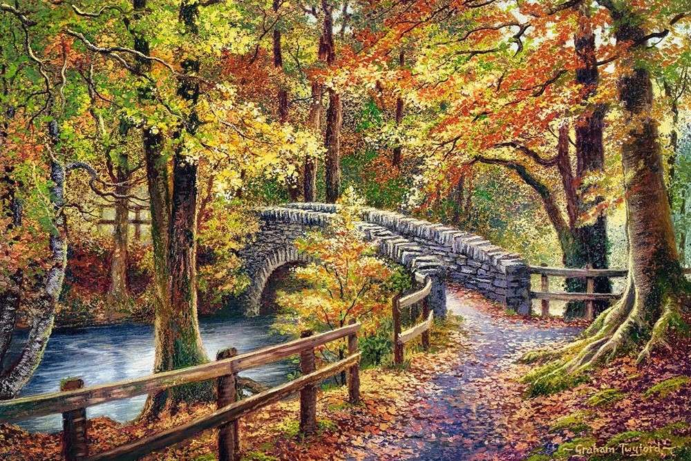 Las z rzeką i mostkiem jesienią puzzle online