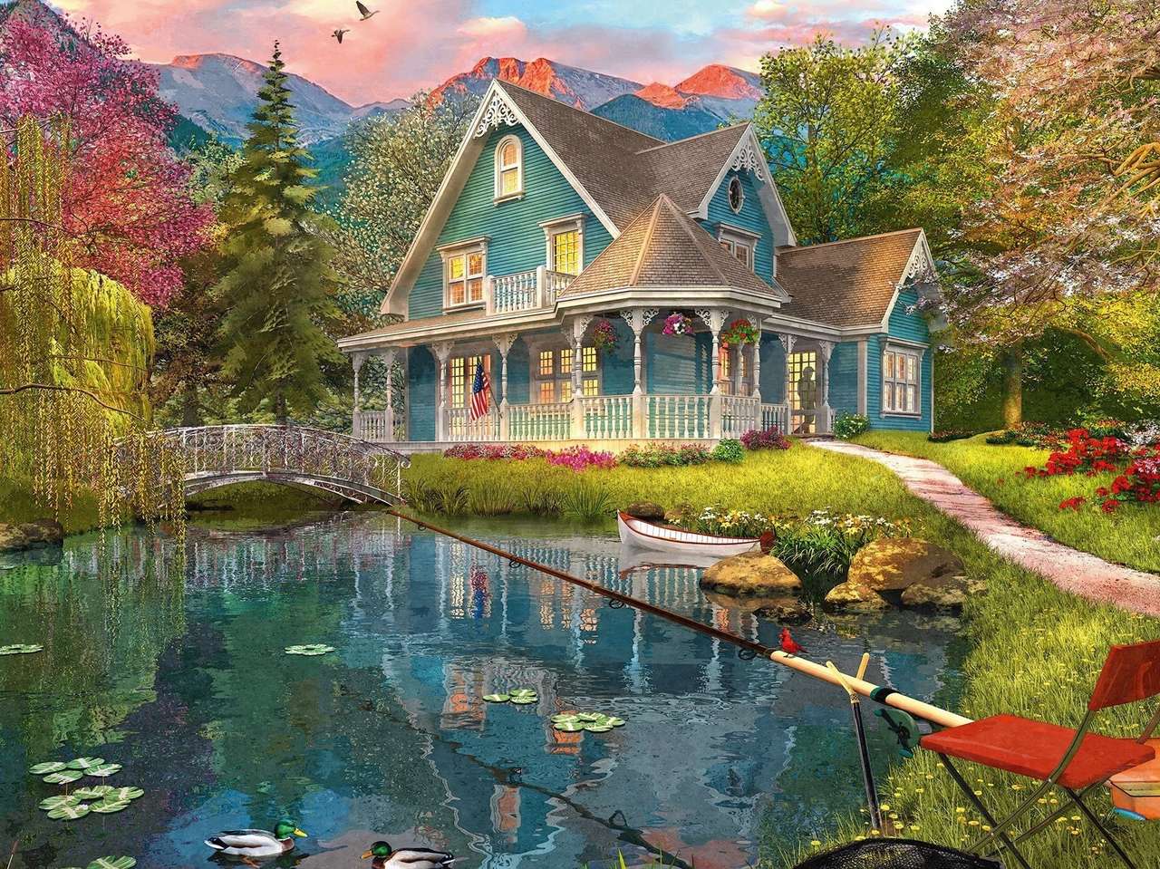 Dom nad jeziorem w górach puzzle online