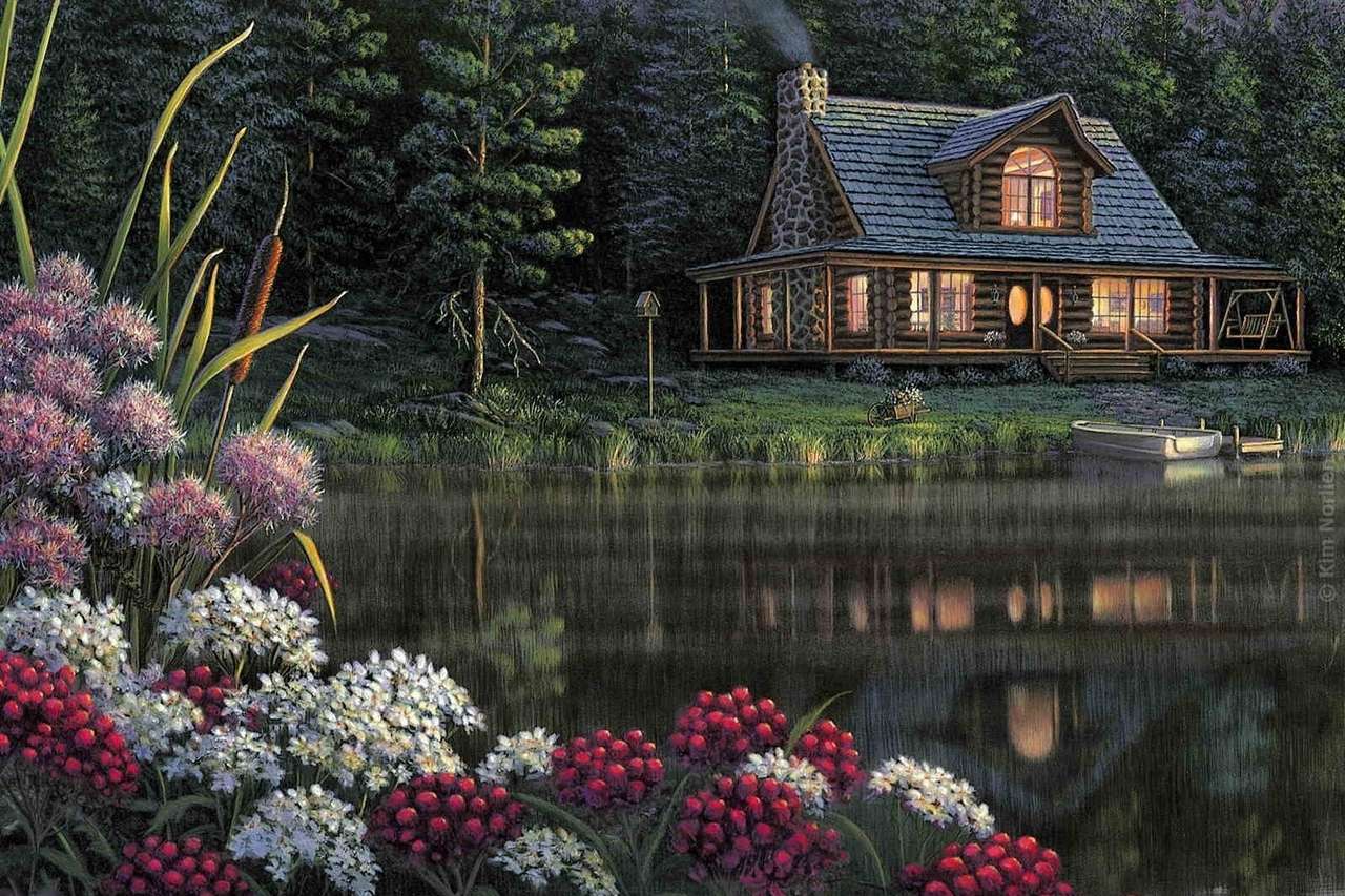 Dom nad jeziorem wieczorową porą puzzle online