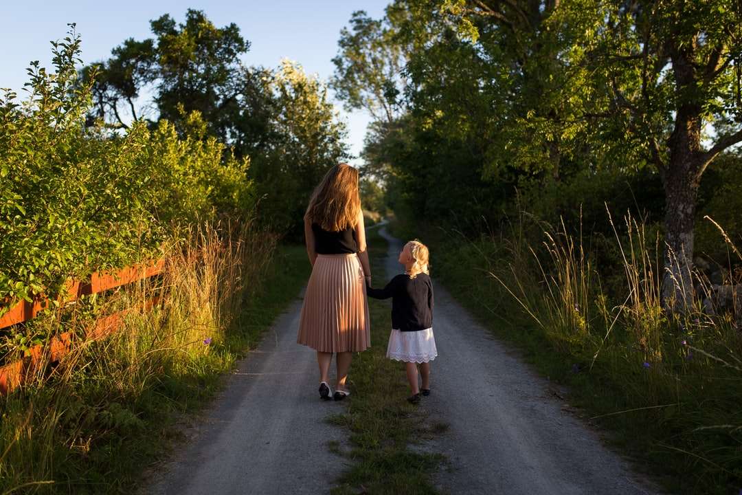 kobieta i dziewczyna chodzą po drodze otoczonej zieloną trawą puzzle online