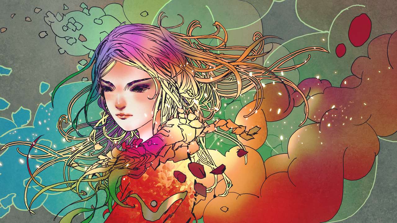 Portret pięknej dziewczyny w kolorowym dymie puzzle online