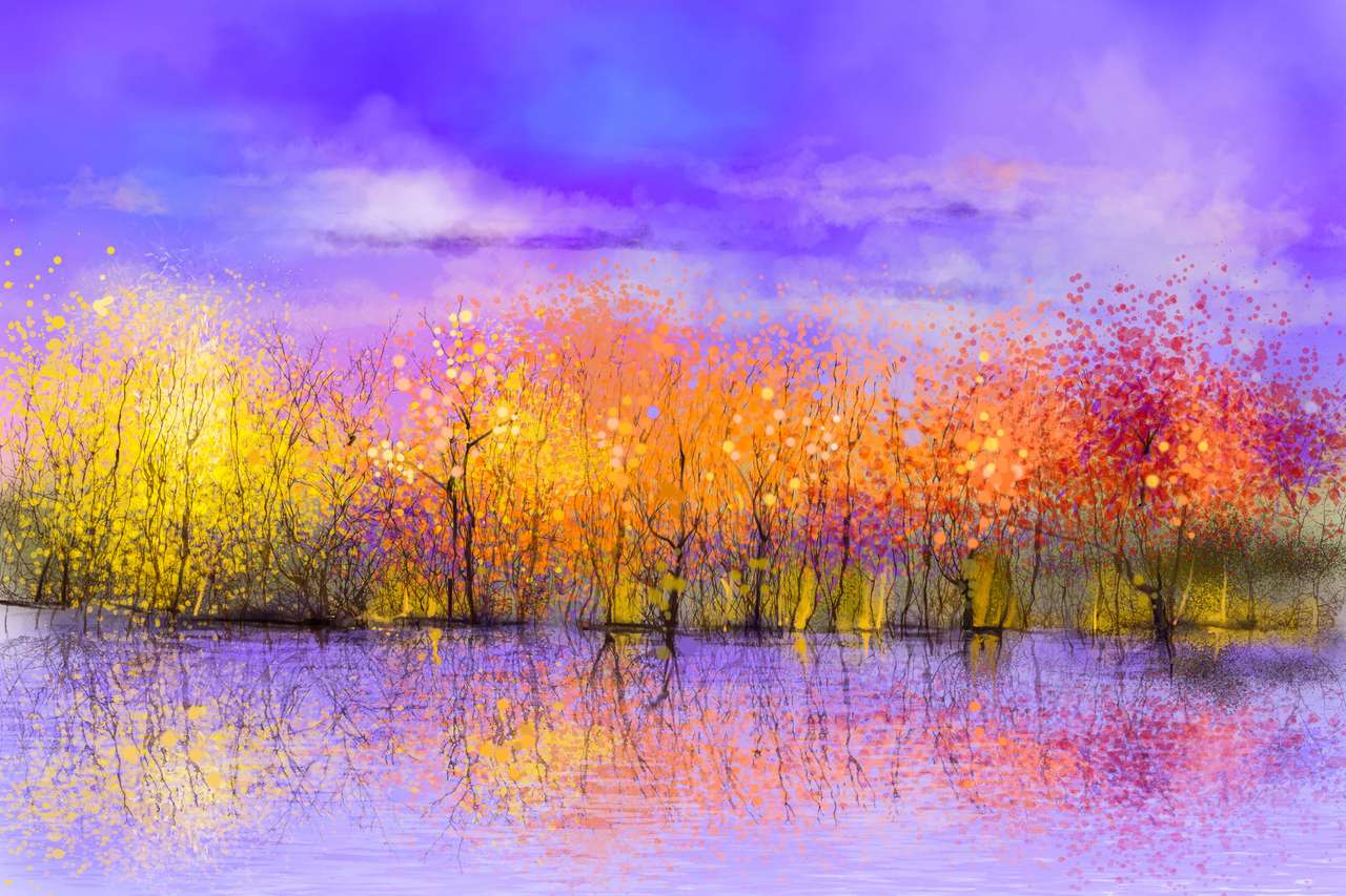 Obraz olejny pejzaż - kolorowe jesienne drzewa puzzle online