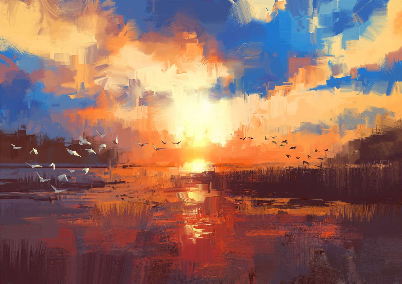piękny obraz przedstawiający zachód słońca nad jeziorem, ilustracja puzzle online