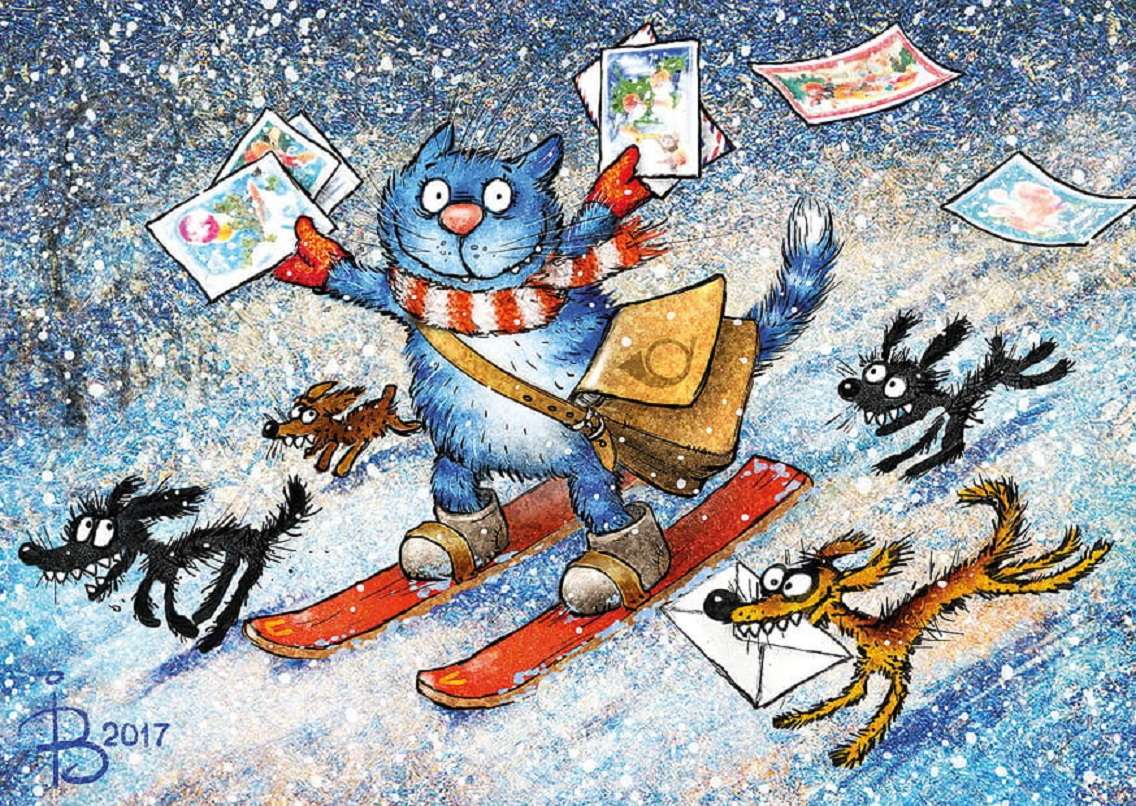 Kot rosyjski niebieski, bardzo stylowy świąteczny listonosz puzzle online