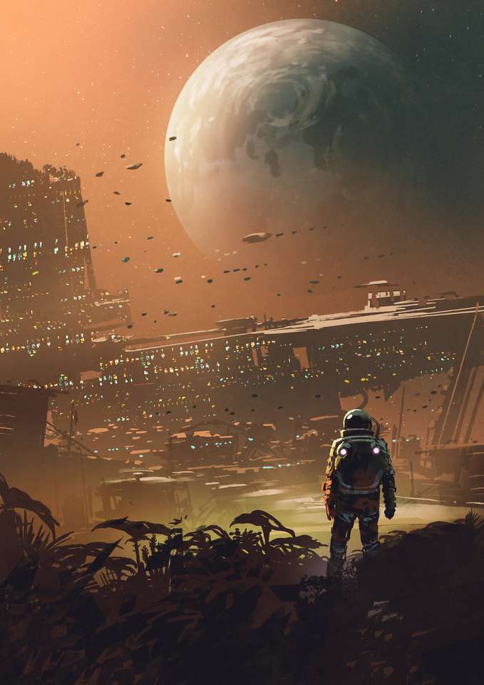 Astronauta patrzący na futurystyczne miasto na planecie puzzle online
