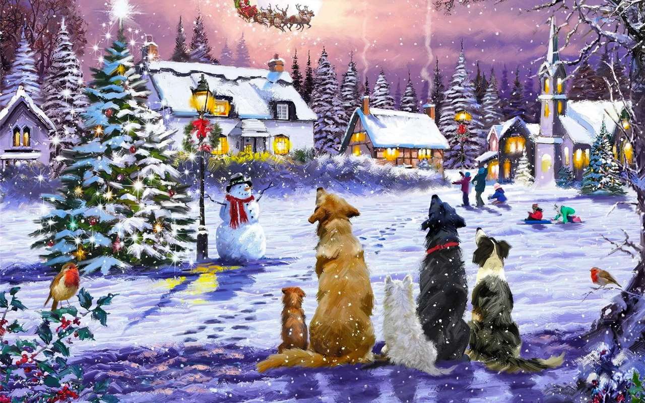 Psie Boże Narodzenie: chór psów w gwiaździstą noc puzzle online