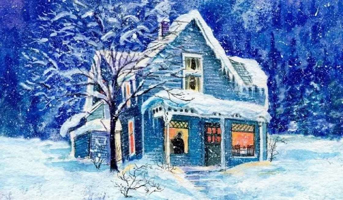 Zimowa kraina czarów: niebieski dom w lesie puzzle online