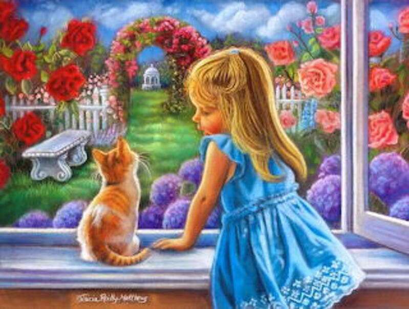 Mała dziewczynka i kotek przy oknie puzzle online