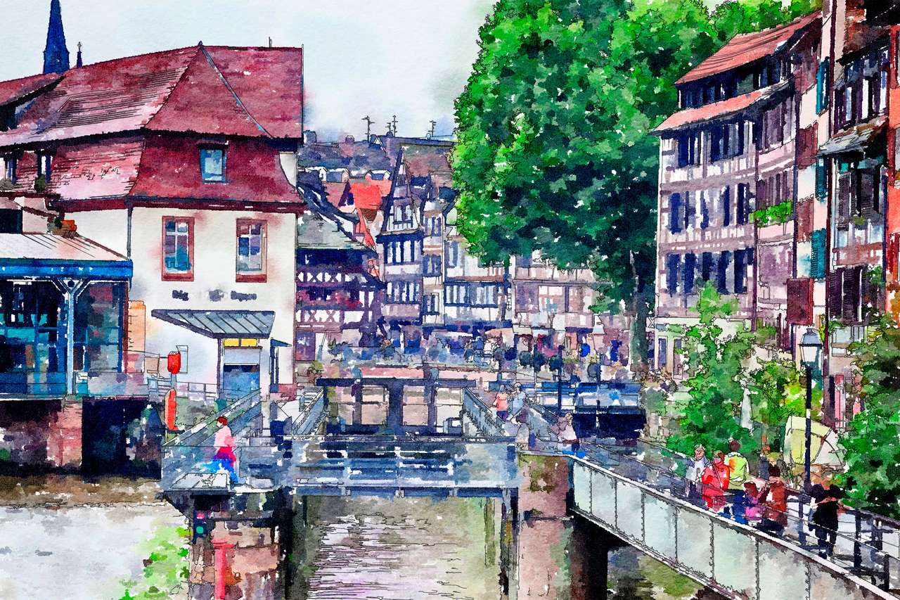 kanały i ulice w Strasburgu, styl akwareli puzzle online