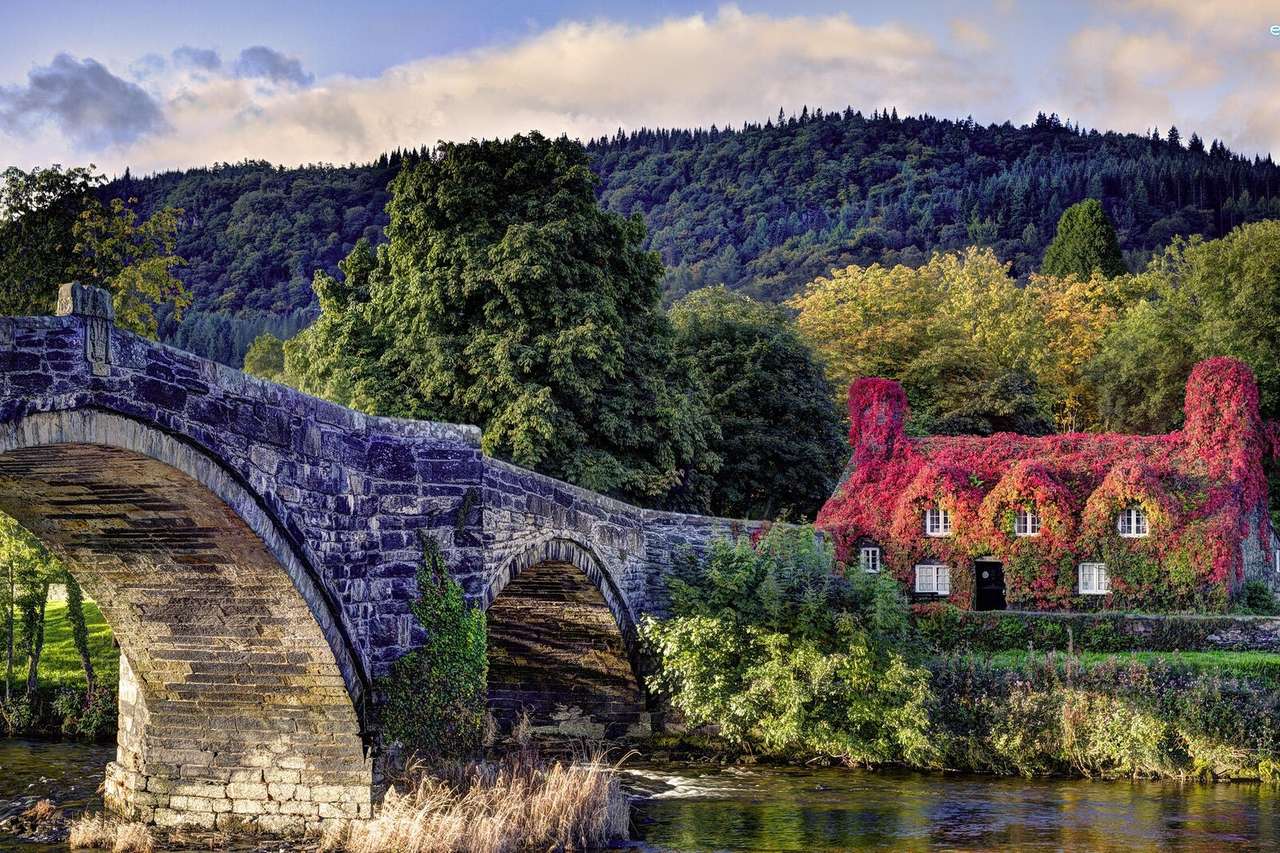 Kamienny most i dom w bluszczu w Walii puzzle online