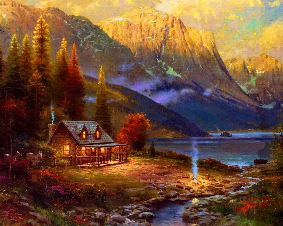 Dom w górach przy jeziorze puzzle online