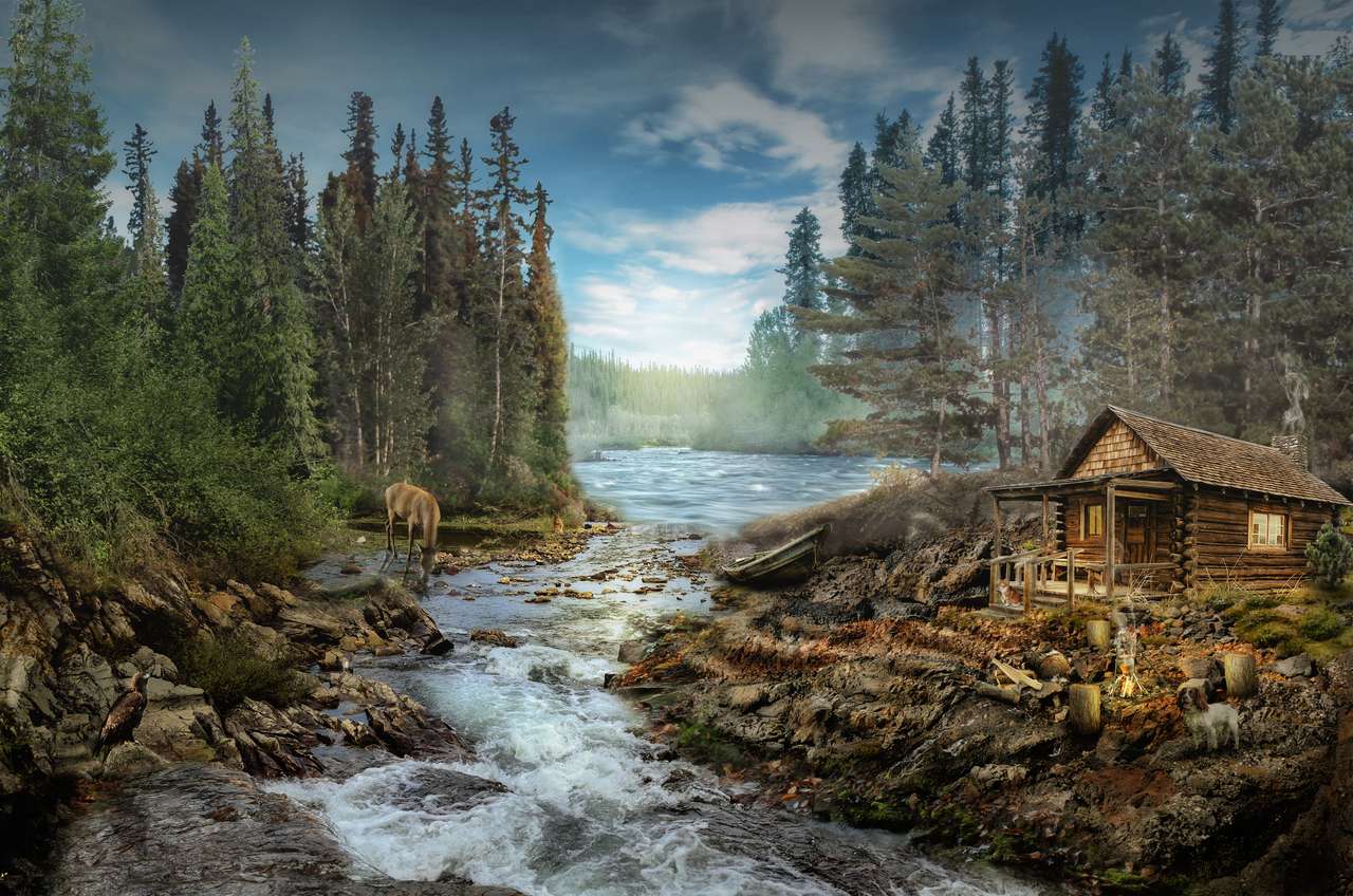 Leśniczówka nad rzeką w lesie puzzle online