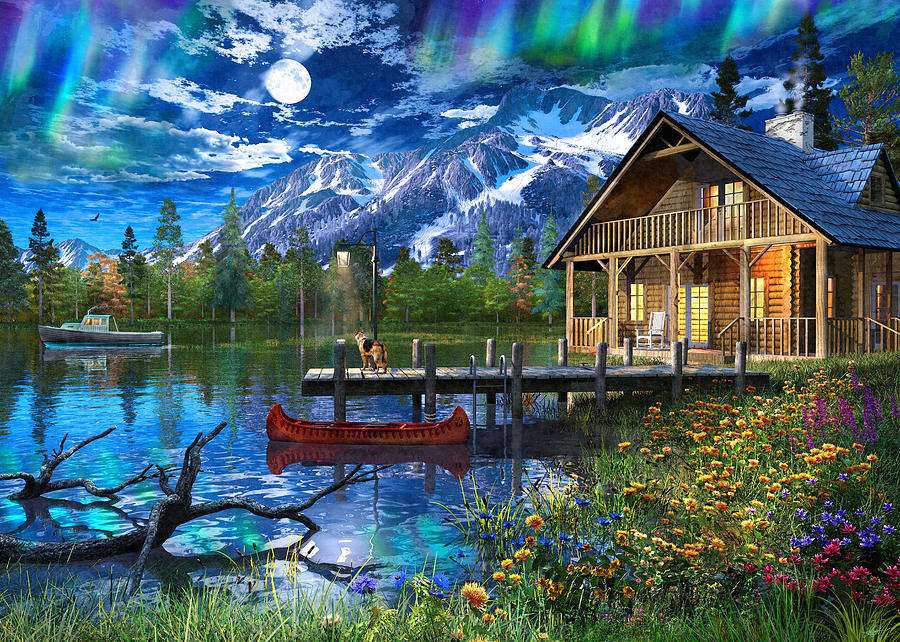 Dom w górach nad jeziorem wieczorem puzzle online