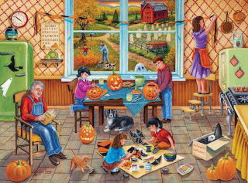 Rodzina przygotowuje się do Halloween puzzle online