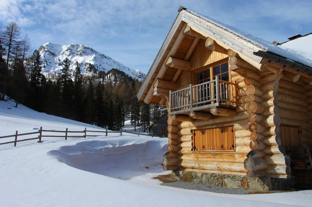 Nowa chata z bali w zimowych górach, Górna Austria puzzle online