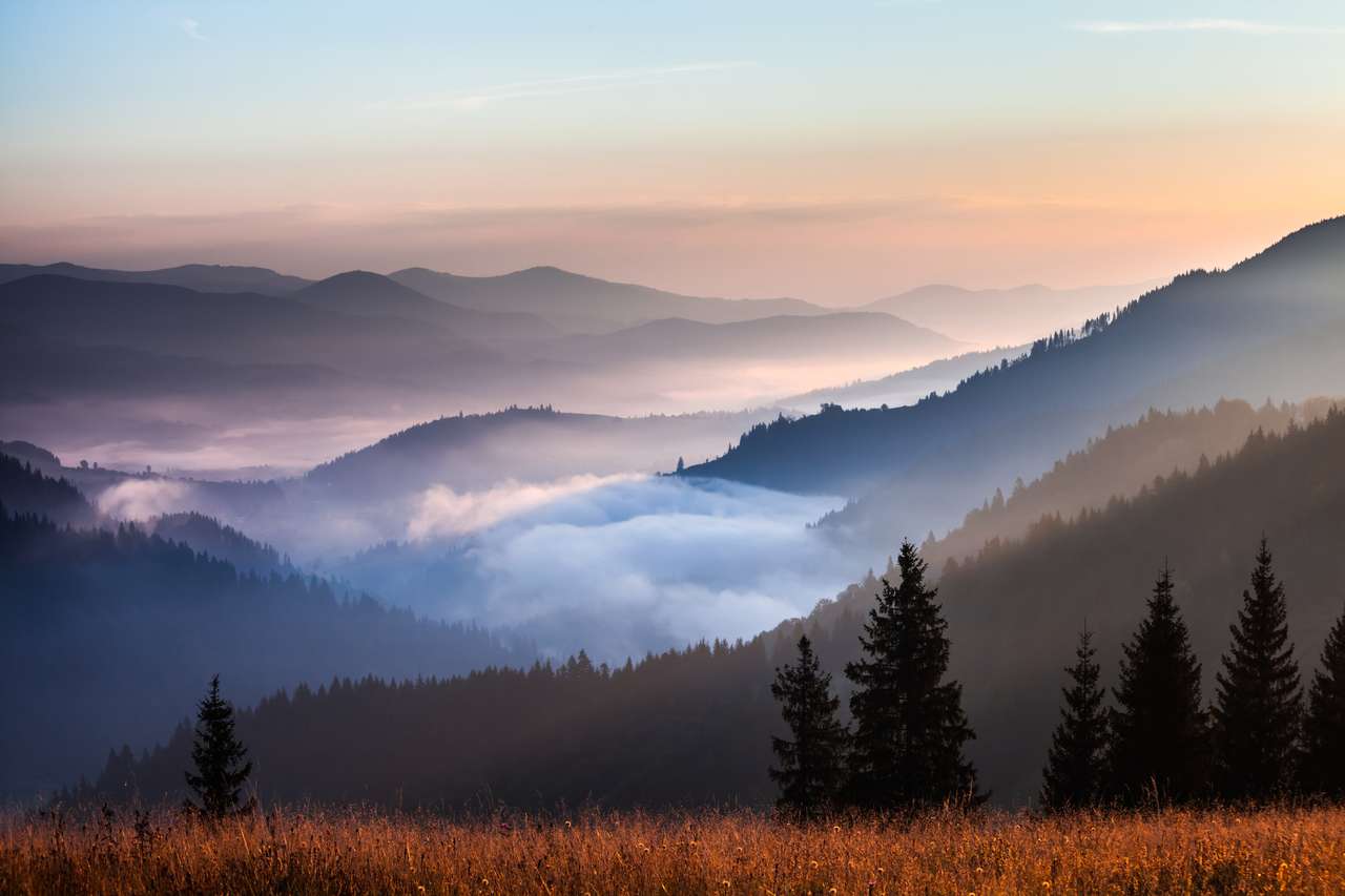 Mgła i chmura krajobraz górskiej doliny, Ukraina puzzle online