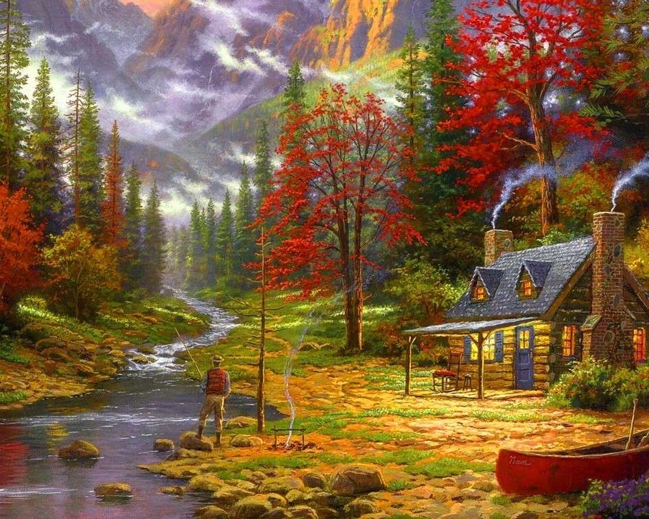 Dom w lesie i strumykiem jesienią puzzle