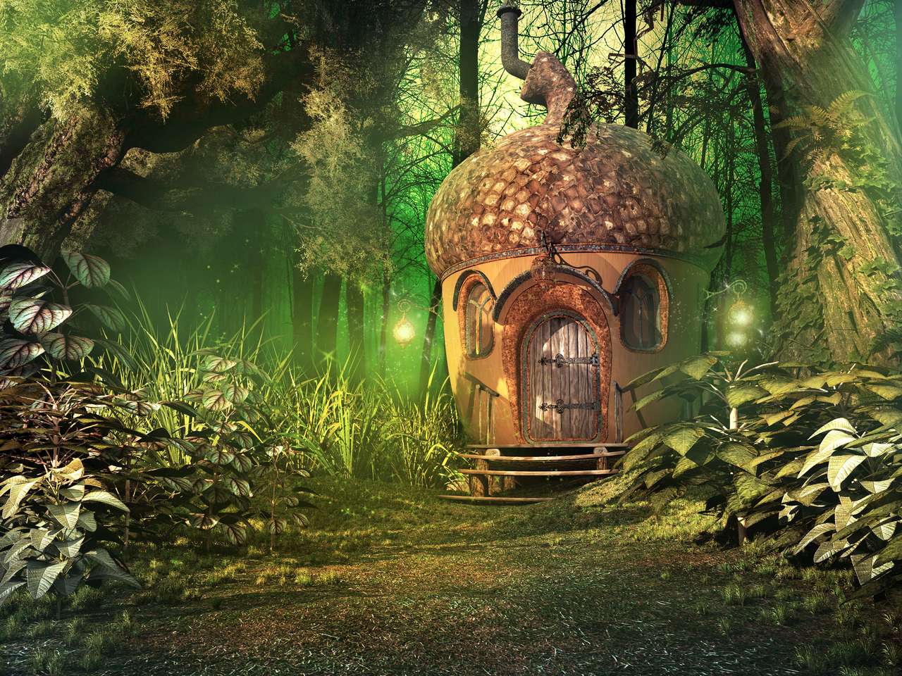 Głęboko leśna sceneria z bajkowym domem, drzewami i roślinami puzzle online
