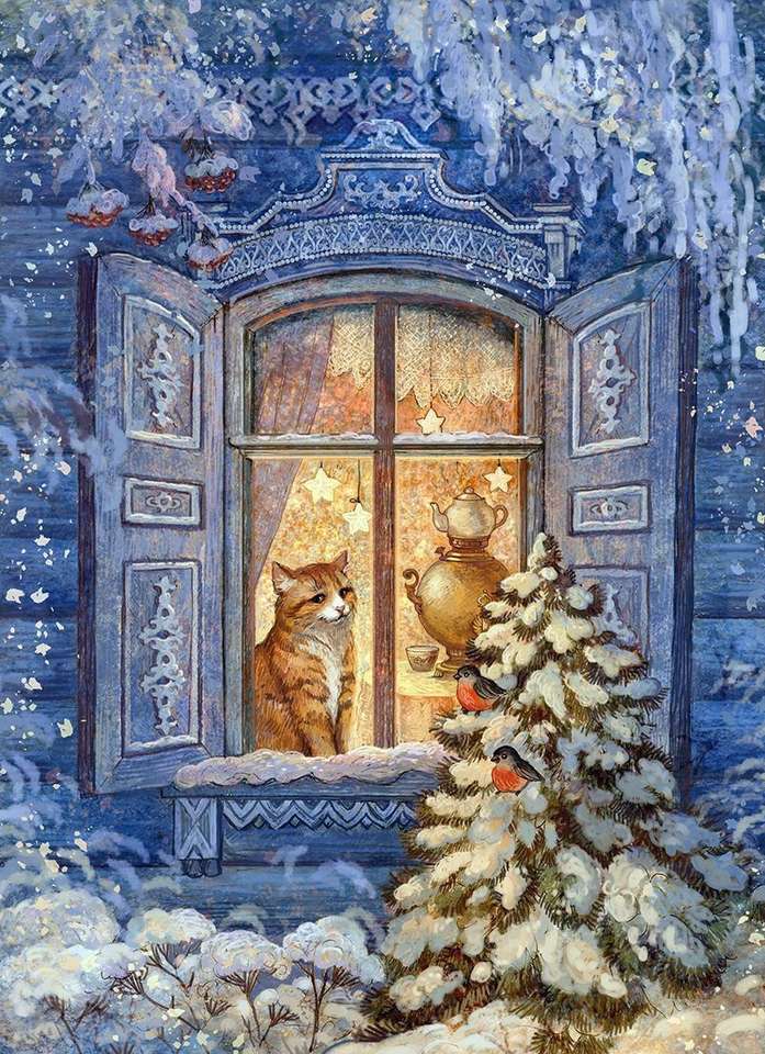 Rosyjski kot w oknie izby na Boże Narodzenie puzzle online