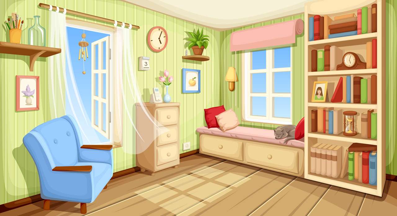 Ładny pokój z regałem, kanapą i fotelem. puzzle online
