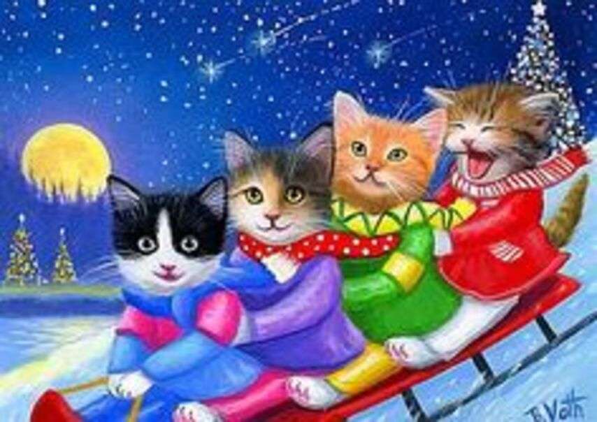 Bożonarodzeniowe kocięta w saniach puzzle online