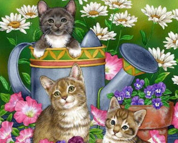 Trzy kociaki wśród kwiatów puzzle online