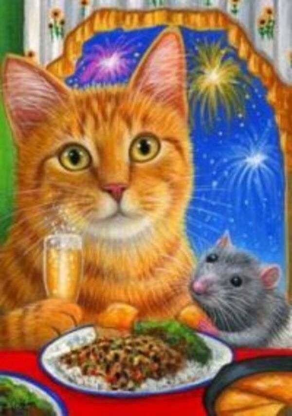 Boże Narodzenie #7 – Kotek i Mysz jedzą obiad puzzle online