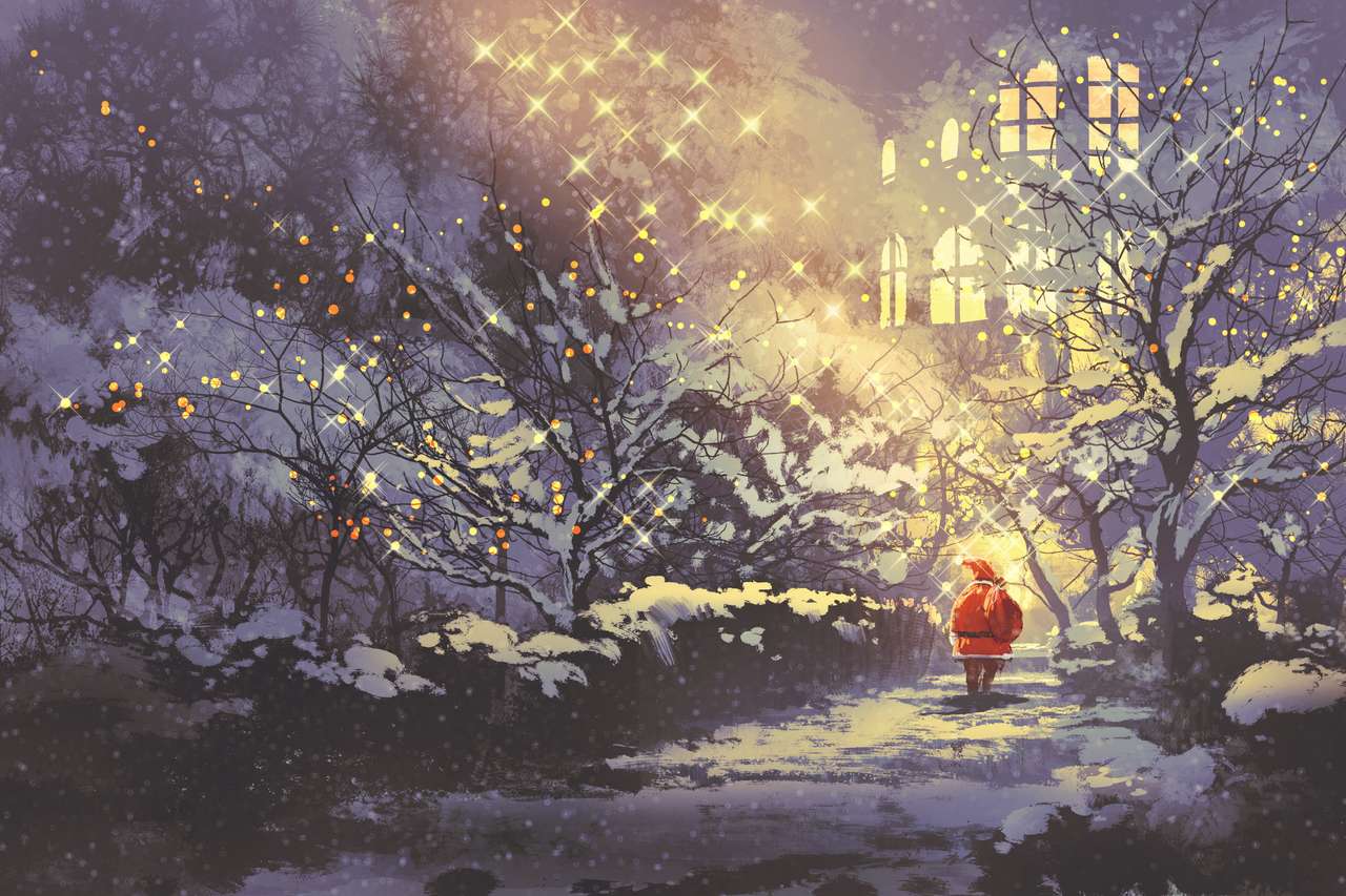 Święty Mikołaj w zaśnieżonej zimowej alejce w parku puzzle online