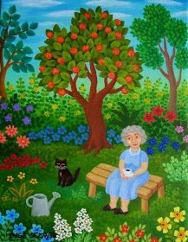 Babcia pijąca kawę w ogrodzie puzzle online