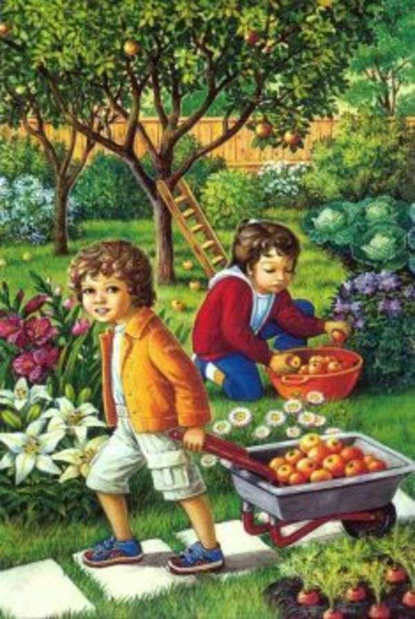 Krajobraz # 47 - Dzieci zbierające jabłka puzzle online