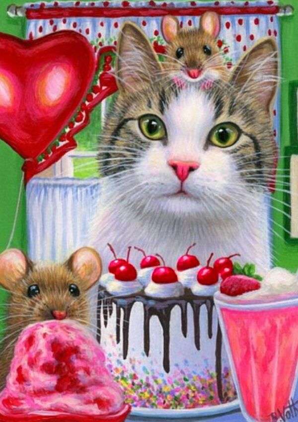 Kotek świętuje ciasto wiśniowe puzzle online
