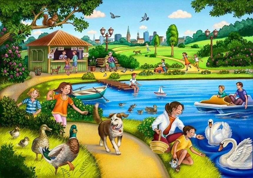 Rodzina i zwierzęta cieszą się jeziorem puzzle online